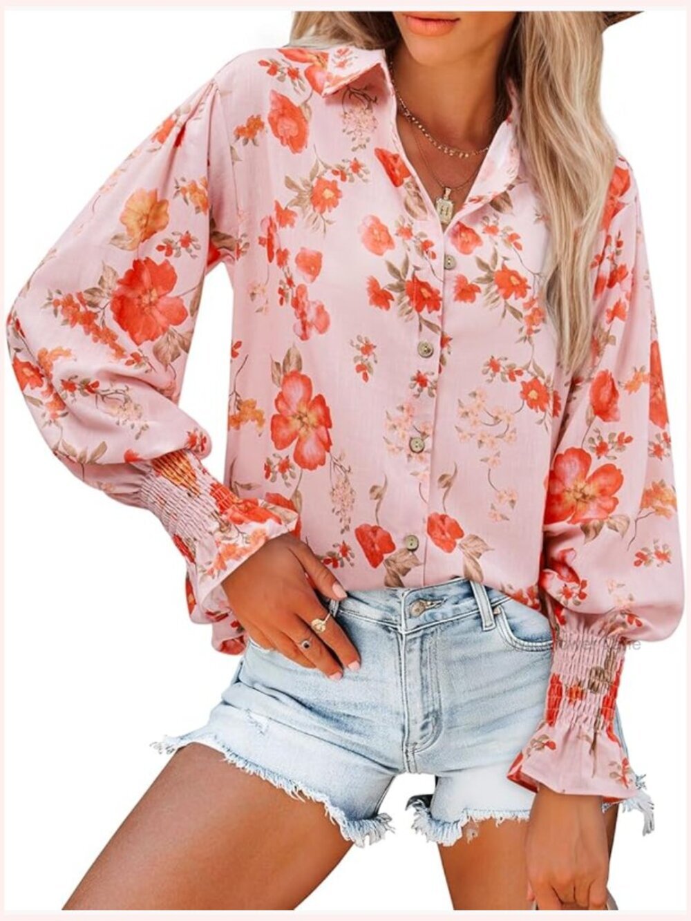 Linen Button Down V Neck Long Sleeve Smocked Cuffed Blouse